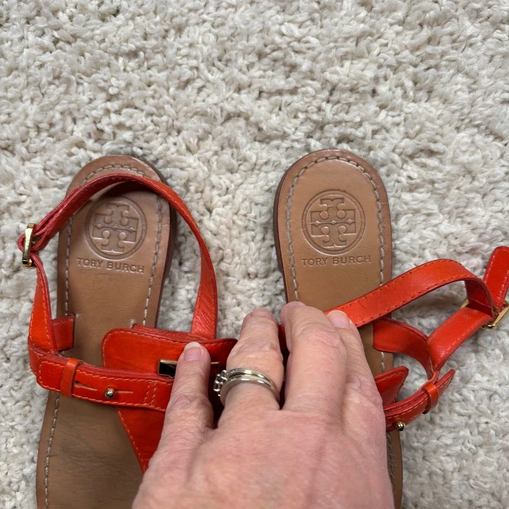 Tory Burch Orange Leather Thong Sandals with Gold‎ Logo Detail Women's Size 7